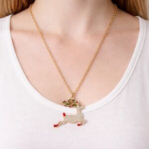 Rhinestone Reindeer Pendant Necklace Gold Tone Christmas Holiday 14.5”